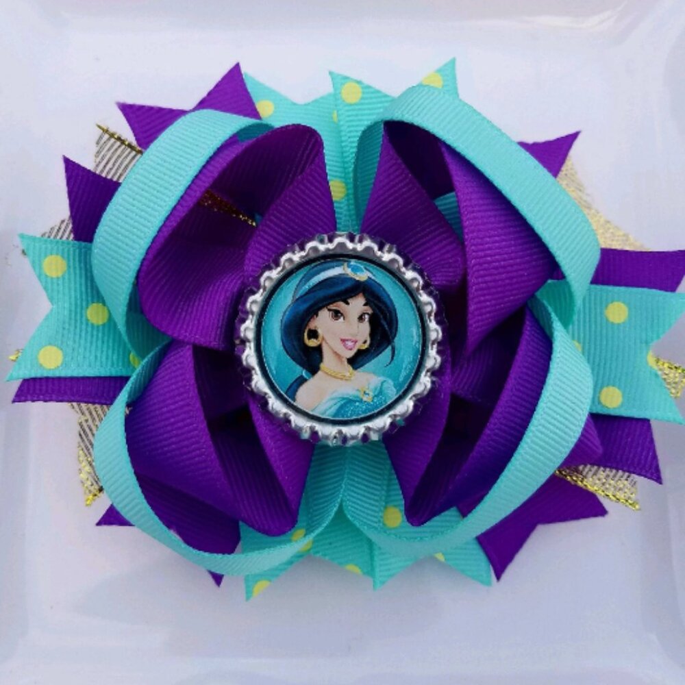 Jasmine Alladin Disney Princess Purple Teal Gold Bottle Cap Hair Bow 5"